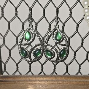 Elegant Silver and Green Teardrop Earrings